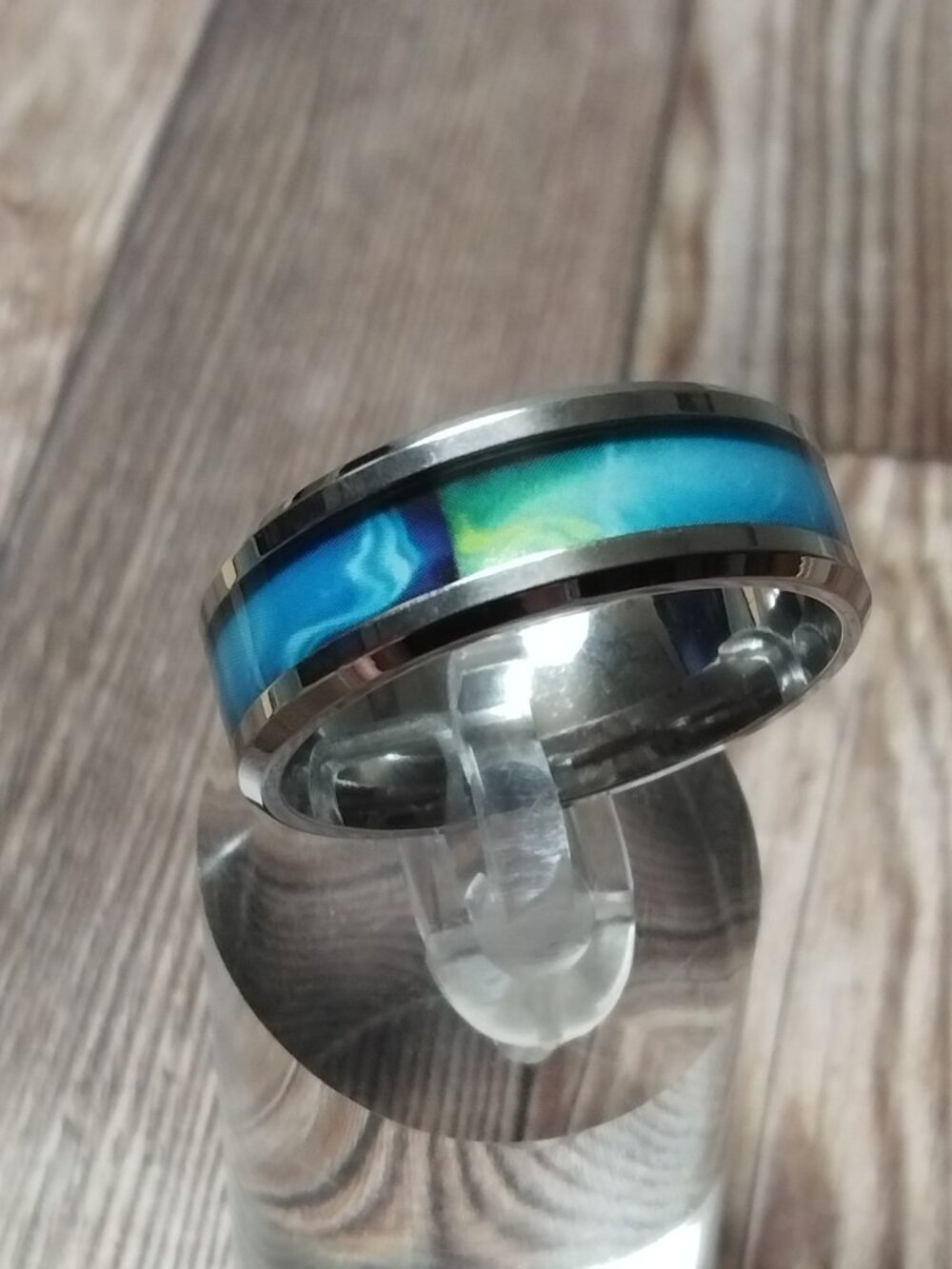 New, Size 12, Beautiful, Sea Blue Aurora, 8 mm Silver Stainless Steel Band